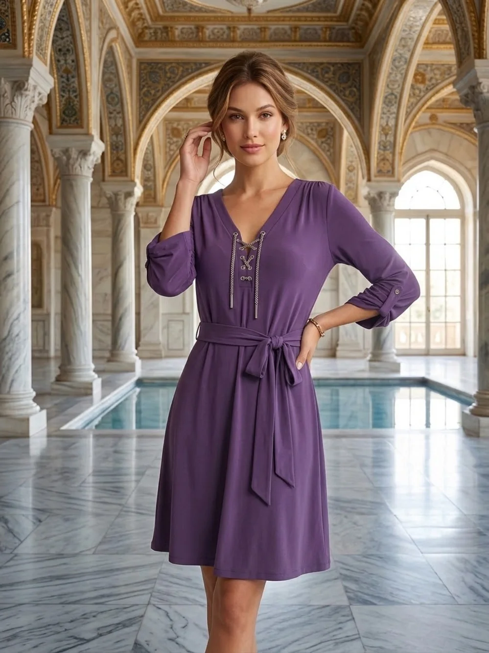 Michael Kors Purple Lace-Up Belted Knit Mini Dress